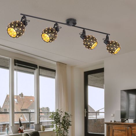 Deckenleuchte Deckenstrahler Esszimmerleuchte Wohnzimmerlampe, Kristalle, Spots beweglich, Metall schwarz, 4 x E27, L 90 cm