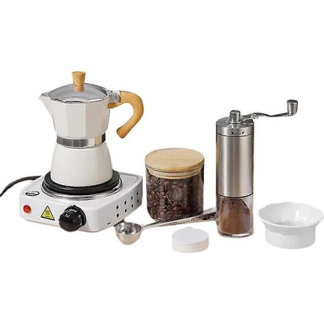 Ensemble cafetière Moka en aluminium avec moulin à café électrique manuel, distributeur de café Moka, cafetière italienne classique 150 ml (UE) (1/5)