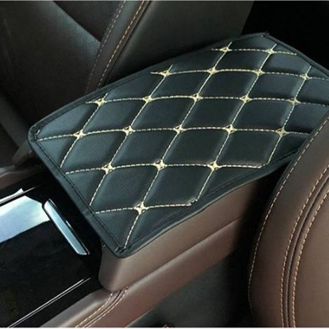 Universelle Lederauflage für die Armlehne im Auto, 29 cm x 17 cm, schwarz mit weißer Naht