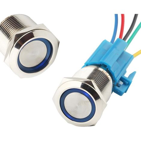 19mm 12V Verrouillage Bouton-poussoir, LED Démarrage Bouton ON/OFF Commutateur Bouton Auto-bloquant en Acier Inoxydable Interrupteur Etanche (Bleu) (1/5)