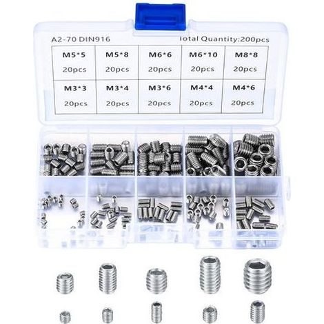 Lot de 200 vis sans tête en acier inoxydable – M3, M4, M5, M6, M8 – Kit de fixation à vis pointeau pour métaux (1/4)