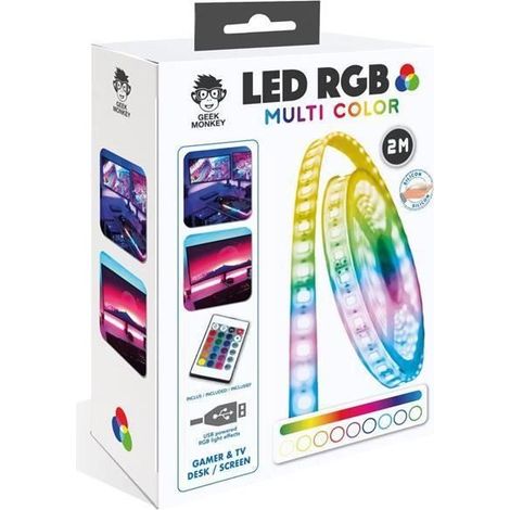 Ruban LED RGB - Geek Monkeys - 2 m - Télécommande - Rechargeable USB - Multicolore
