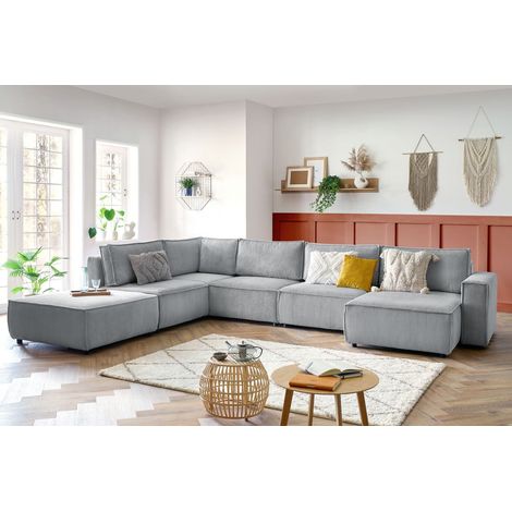 BOBOCHIC - Canapé d'angle fixe modulable XL NIHAD tissu velours côtelé avec pouf Angle droit  Gris clair (1/5)