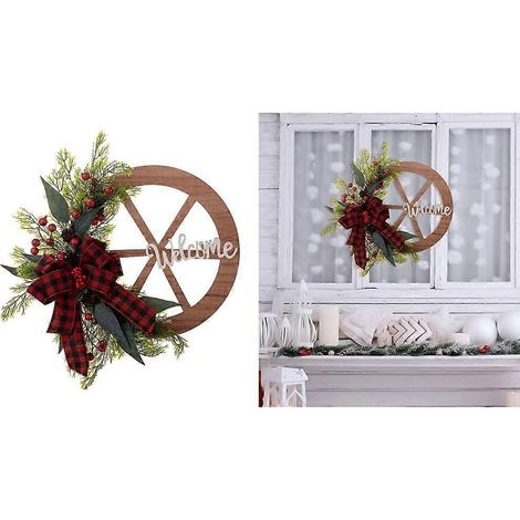 Couronne de Noël en forme de roue avec des baies rouges, décoration murale, pour porte ou fenêtre (1/4)