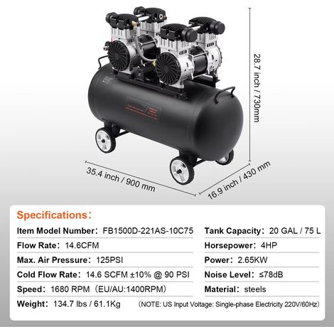 Compresseur pro 75 L – Sans huile – Niveau sonore contrôlé – Gonflage haute capacité (1/5)