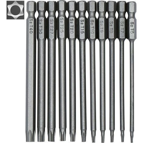 FOREHILL Jeu de 11 embouts longs Torx pour tournevis et visseuse électrique - Embouts magnétiques - Tige hexagonale de 1/4" - Tailles T6 à T40 - Longueur 100 mm (1/5)