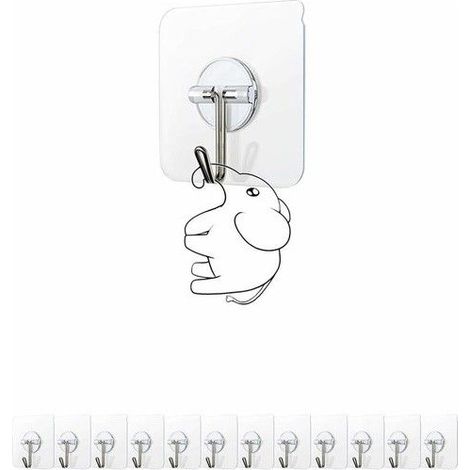 Lot de 12 crochets adhésifs ultra-résistants (charge maximale : 6,8 kg) - Crochets muraux transparents, réutilisables (1/4)