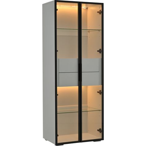 Vitrine blanche avec porte en verre trempé, LED réglable, 2 étagères en verre et 2 tiroirs - 60 x 40 x 160 cm (1/5)