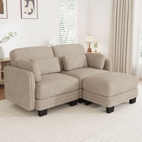 MODFU – Divano angolare modulabile 176x143 cm in ciniglia con pouf, cuscini mobili, schiuma 28D e carico 380 kg – Caffè chiaro (1/5)