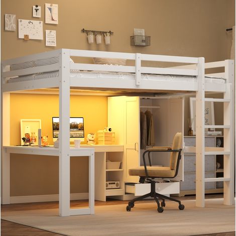 Lit mezzanine 90x200 cm MDF et bois blanc, bureau, gain de place, sans matelas – MEUBLIV (1/5)
