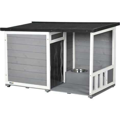 Niche pour chien en bois de sapin avec terrasse couverte, toit en asphalte, gris, 103x62x60-66 cm (1/5)