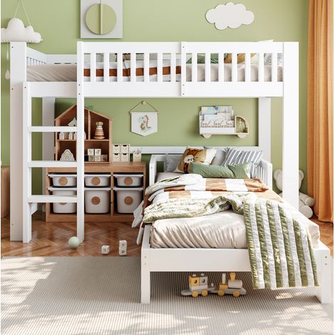 Conjunto de camas infantiles modular 215x104x150 cm blanco de madera con barrera de seguridad (1/5)