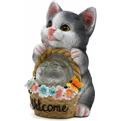 Statue de chat gris solaire pour jardin – décoration avec panier de fleurs et boule en cristal – lumière chaude – pour balcon, jardin et salon