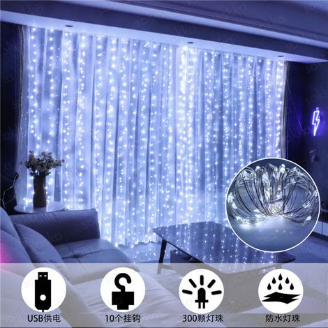 XEPHO Rideau lumineux 3 x 3 m, rideau lumineux intérieur 300 LED, rideau lumineux extérieur avec 8 modes et prise UE, étanche IP67, rideau lumineux LED pour la Saint-Valentin, fête (blanc froid ou bla