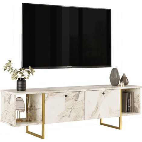 Cotecosy – Meuble TV 2 portes et 2 étagères – Effet marbre blanc et doré – Panneau de particules et métal – Dimensions 160x47.6x40 cm