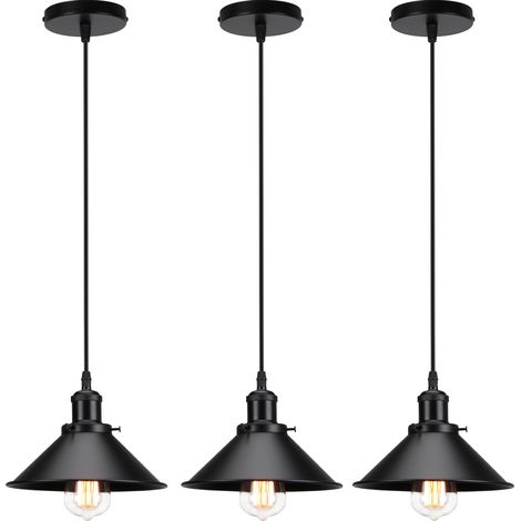 Lampada a Sospensione, Vintage Lampadario da Soffitto con Ø22cm Paralume in Ferro, Illuminazione in Industriale Stile Edison E27 per Cucina Isaland Camera da Letto (3X Tutto Nero) (1/5)
