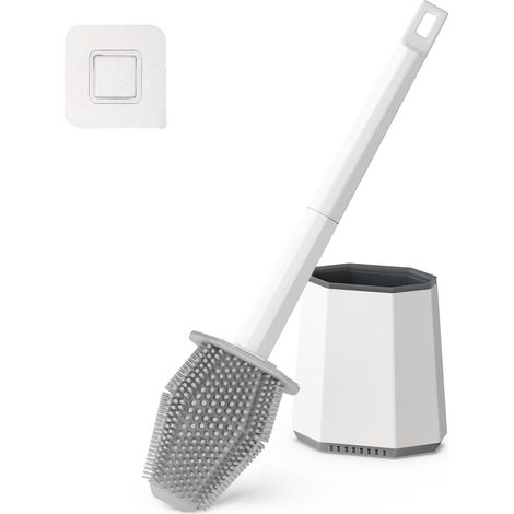 Brosse Toilettes WC, Set de Brosse WC Silicone Murale, Balayette WC avec Tête Double et Long Manche en Plastique, Accessoires de Salle de Bain (Blanc) (1/5)