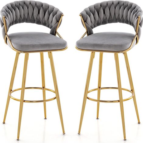 COSTWAY Set di 2 Sgabelli Bar in Velluto, Sgabello Bar di 73 cm con Schienale Intrecciato e Gambe in Metallo, Sgabello da Bar con Schienale e Piedini Regolabili, per Cucina, Sala da Pranzo(Grigio) (1/5)