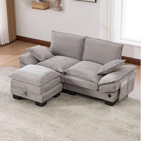 Sofa 2-Sitzer aus Cord in Hellgrau mit Hocker, USB-C und Stauraum, 190 x 132 x 84 cm (1/5)