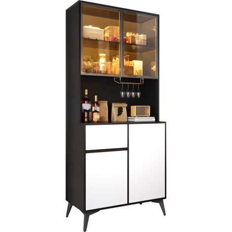 Vaisselier vitrine bicolore avec LED pilotées par application, rangement cuisine et salle à manger, MDF noir et blanc, 80 x 40 x 180 cm - CHICFURN (1/5)