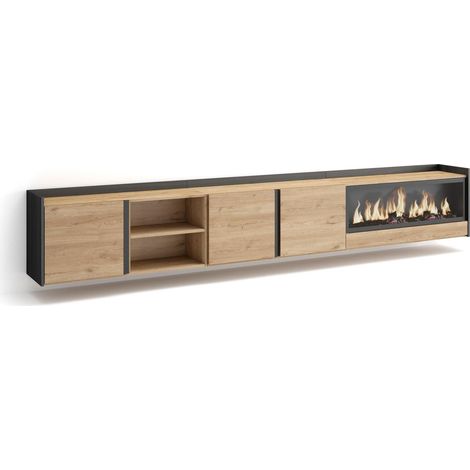 Skraut Home - Meuble TV, Banc Télé, Grand espace de Rangement, 315x35x50cm, Pour les TV jusqu'à 80", Cheminée électrique XXL, Suspendu, Mural, Style moderne, Chêne et noir (1/5)