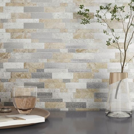 Lot de 10 feuilles d'autocollants 3D pour carrelage mural - Effet pierre texturé - Imperméable - Gris beige (1/5)