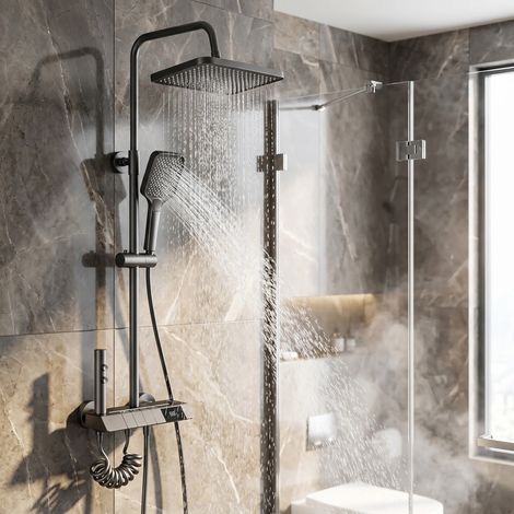 Thermostat-Duschsäule 4 in 1 im modernen Stil, höhenverstellbar 80–120 cm – Duschset in Anthrazitgrau mit LED-Display-Mischbatterie, Piano-Tasten, quadratischer XXL-Kopfbrause und Handbrause – für Bad