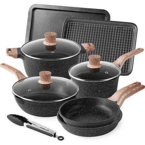 Induction Batterie de cuisine avec Couvercles Antiadhésive Sets de poêles et casseroles Granit Poêle à frire Casserole Plaque à pâtisserie Poêle à gâteau Sans PFOA (1/5)