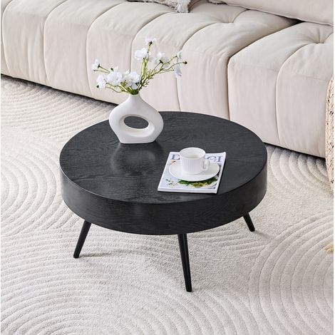Table basse de salon ronde 70 cm en MDF effet bois noir et métal noir HAVRYA (1/5)