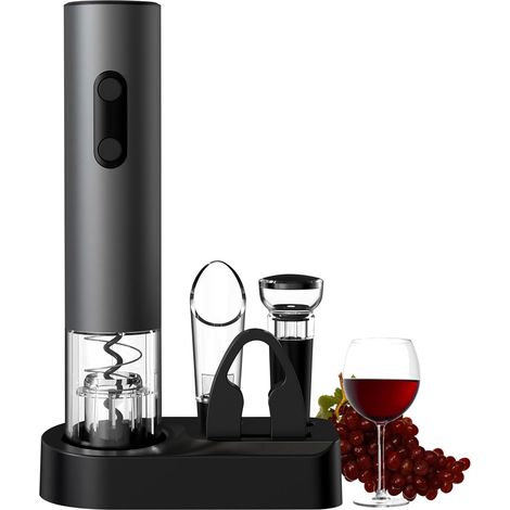 Ouvre-bouteille électrique, kit 4 en 1 avec base, tire-bouchon automatique sans fil à piles avec coupe-capsule, verseur et bouchons à vide (1/5)