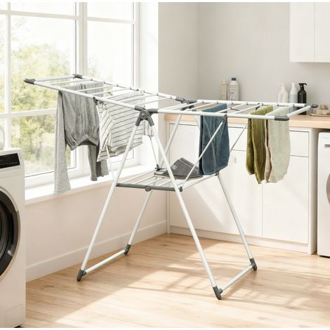Étendoir à linge pliable à 2 niveaux avec ailes réglables, 156,5 x 61,5 x 97 cm, métal blanc, REDOM (1/5)