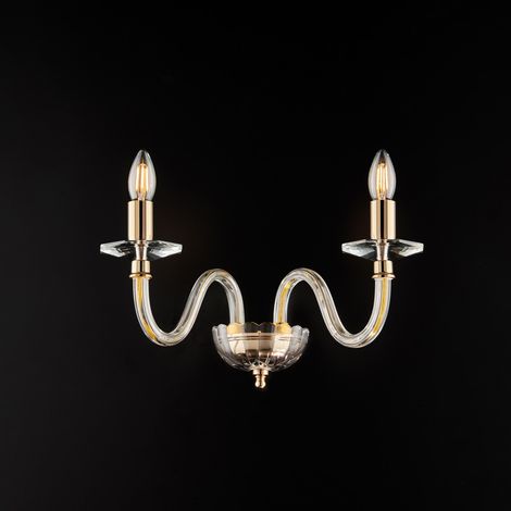 Applique in ferro dorato con vetro trasparente 2 luci H.22 - L.39 - P.25