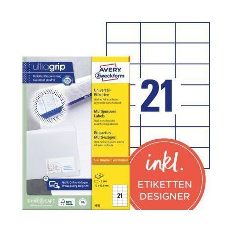 Avery-Zweckform 3652 Etiquette universelles 70 x 42.3 mm papier blanc 2100 pc(s) fixation permanente imprimante à jet d (1/4)