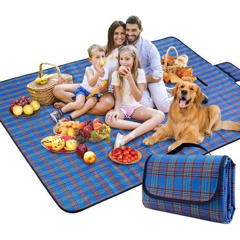Manta de picnic a cuadros azules - Impermeable y plegable 150x200 cm - Con correa de transporte - Para playa, camping y jardín (1/5)