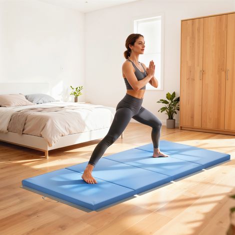 Tapis de gymnastique yoga pilates fitness pliable en 4 avec poignées revêtement synthétique 180 x 80 x 5 cm bleu clair (1/5)