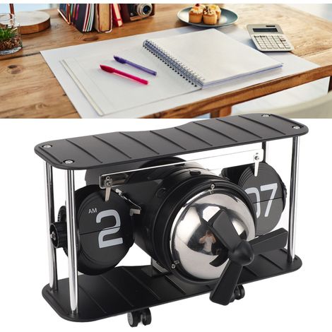 Reloj de mesa mecánico vintage con forma de avión y mecanismo plegable, color negro, con función de temporizador, acero inoxidable 304, pila LR14 no incluida, dimensiones: 11 x 20 x 18 cm, cantidad: 1 (1/5)
