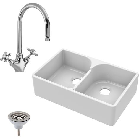 795mm - Fireclay 2 Bowl Stepped Weir Butler Kitchen Sink - Mono Mixer Tap & Waste (1/5)