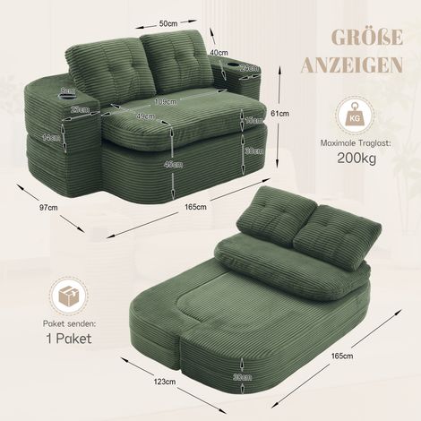 Fauteuil-lit 2 en 1 en velours côtelé, canapé-lit inclinable, canapé de sol pliable avec accoudoirs réglables, 2 porte-gobelets, dossier haut et assise extra profonde, vert émeraude (1/4)
