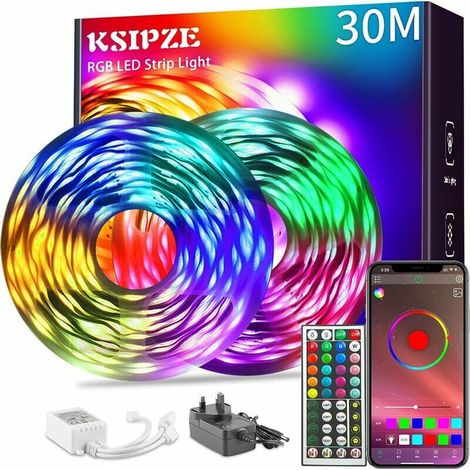 Ksipze 30m Bande Lumineuse LED (2 Rouleaux de 15m) RVB Musique Sync Changement de Couleur Bluetooth LED Lumières avec Smart App Télécommande LED Lumières pour Chambre (1/5)