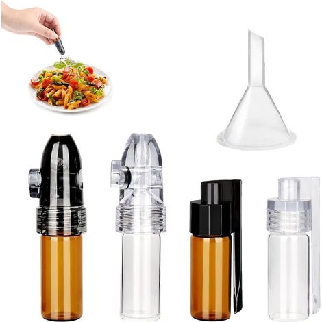 Lot de 5 Petite Bouteille de Rangement, Inclure 2 Flacons de Poudre à Epice, 2 Bouteilles à Épices en Verre avec Cuillères, 1 Entonnoir Mini, Idéal pour Voyage et Cuisine (Blanc & Brun) (1/5)