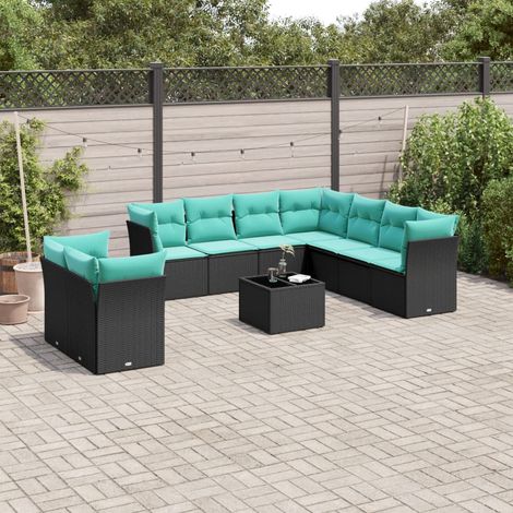 10-teiliges Gartensofa-Set mit Kissen, schwarzes Polyrattan (1/5)