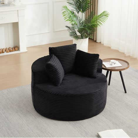 Fauteuil rond 110x110 cm noir avec 3 coussins, velours côtelé et base antidérapante MEUBLIV (1/5)
