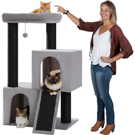 Pawz Road – Arbre à chat XXL 114 cm avec poteaux en sisal 11 cm – Double condos spacieux – Perchoir confortable 52 x 54 cm – Noir-gris (1/5)
