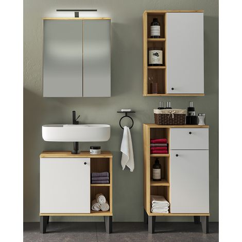 Badmöbel-Set 4-teilig mit Waschbeckenunterschrank 60 cm, LED-Spiegelschrank, in Eiche mit weiß OLEAN-61 (1/5)