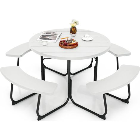 Costway – Ensemble table de pique-nique ronde 110 cm avec 4 bancs – HDPE résistant aux intempéries – Cadre métal stable – Trou pour parasol 4,8 cm (1/5)