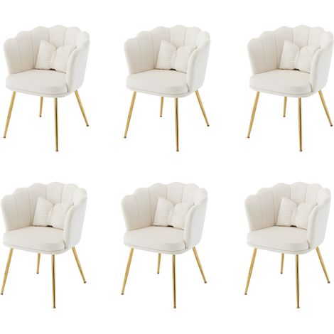 Set de 6 sillas de comedor de terciopelo beige con respaldo en pétalo y patas metálicas doradas (1/5)