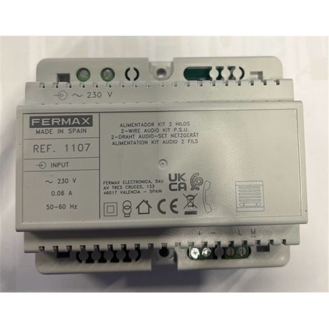 Alimentador kit audio 2 hilos 230VAC, 12V, 1A, ideal para sistemas de sonido.