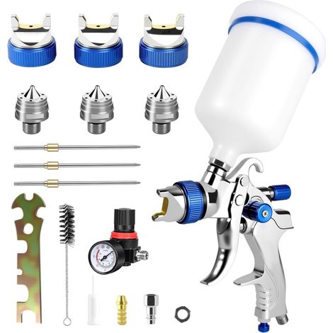 Kit pistola a spruzzo per vernice HVLP con 3 ugelli (1,4/1,7/2,0 mm) – Pistola a spruzzo per vernice professionale ad aria compressa con serbatoio in plastica da 600 ml, pressione e flusso dell'aria r