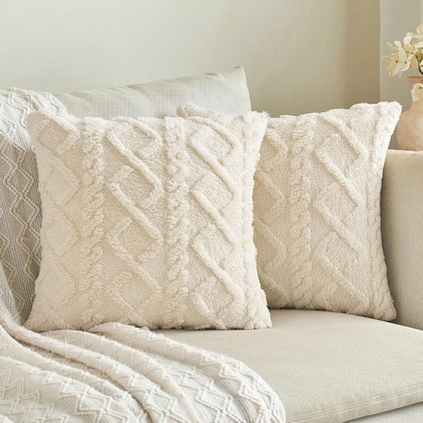 Lot de 2 housses de coussin en fausse fourrure courte et douce pour décoration d'intérieur, 50 x 50 cm, blanc (1/5)