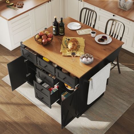 Desserte de cuisine 140x70x93 cm avec 2 portes, 6 tiroirs, plateau pliable, porte-serviettes, porte-épices, en MDF, noir (1/5)